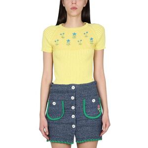 CORMIO Embroidered Ribbed Knit Top and Tweed Button-Front Shorts Ensemble Women